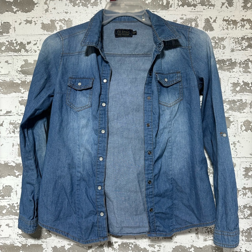 Ci Sono Light Blue Denim Button-Front Shirt Jacket